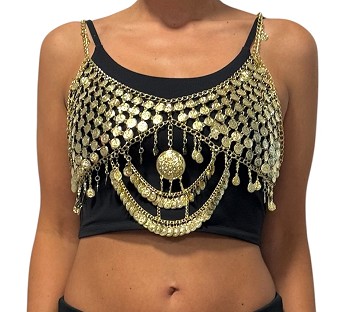 Egyptian Gold Tone Coin Bra Cover with Drapes, Medallion, and Teardrops 